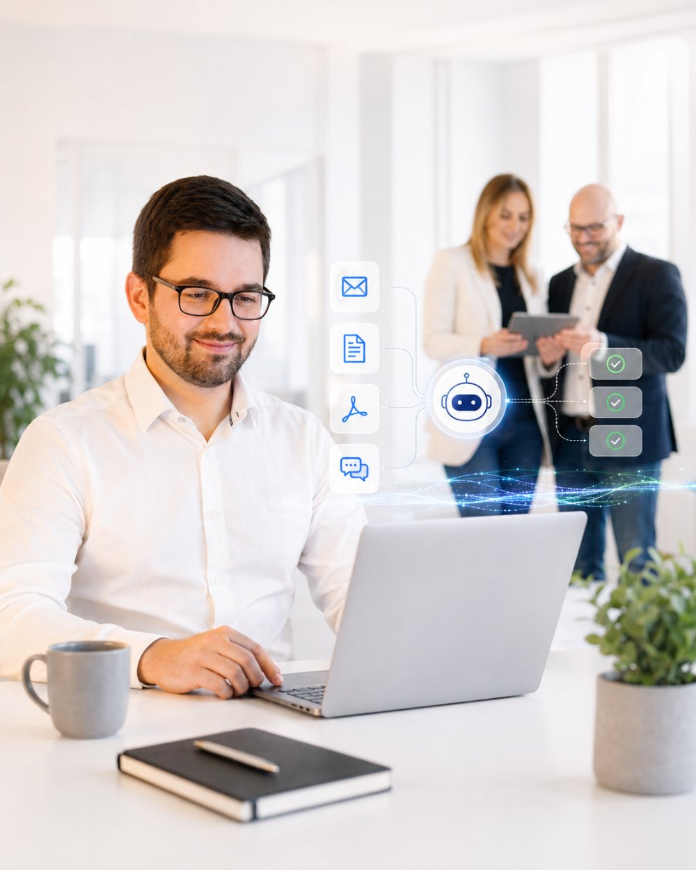 Mann mit Brille am Laptop in einem hellen Büro, im Hintergrund zwei Kollegen an einem Tablet; eingeblendete Grafik zeigt, wie E-Mail, Dokument, PDF und Chat in einen KI-Assistenten laufen und als erledigte Aufgaben herauskommen